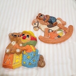 ✨️ Vintage Teddy on Rocker & Clown with toys wall Plaque lot